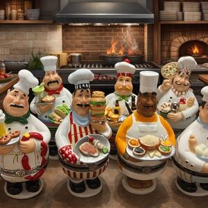 7 Vintage Ceramic Chef Hinged Trinket Boxes Complete set – 1990’s Collectibles